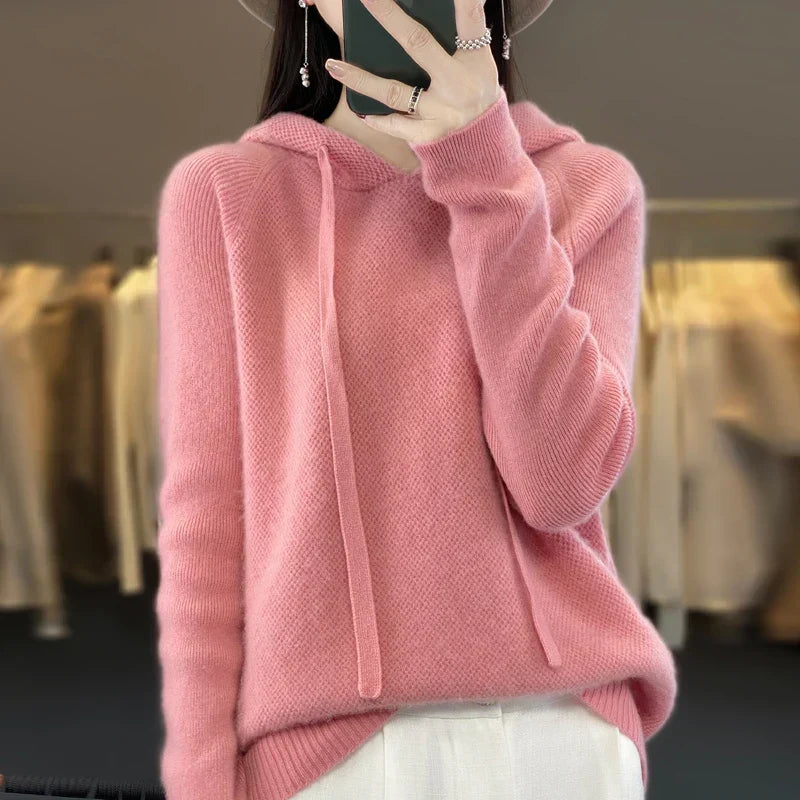 Pull en laine mérinos à capuche, rose clair, manches longues, cordon au capuchon