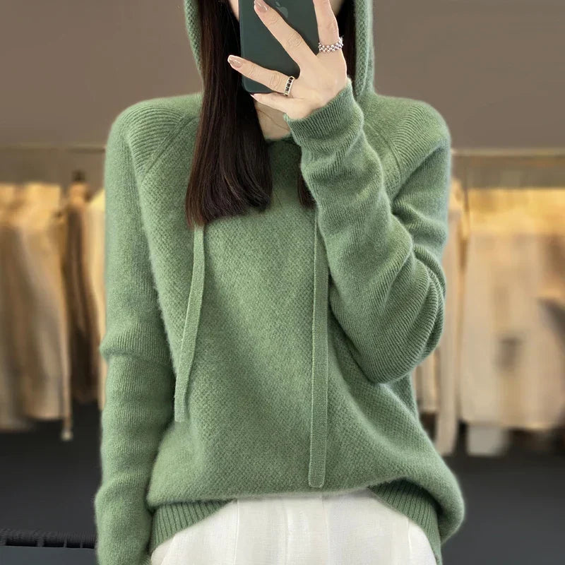 Pull en laine mérinos à capuche, vert clair, manches longues, cordon au capuchon