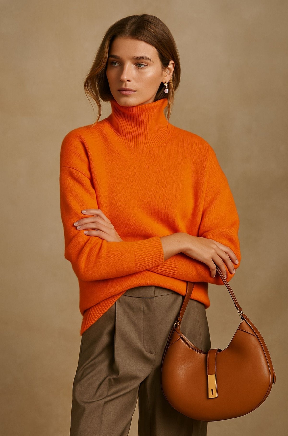 Pull en cachemire orange à col roulé, manches longues, maille tricotée.
