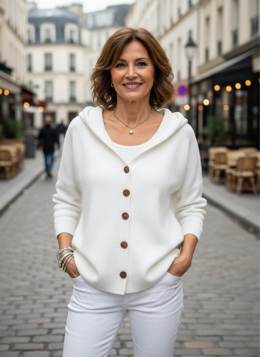 Gilet en maille blanc à capuche, patte boutonnée, manches longues, coupe ample