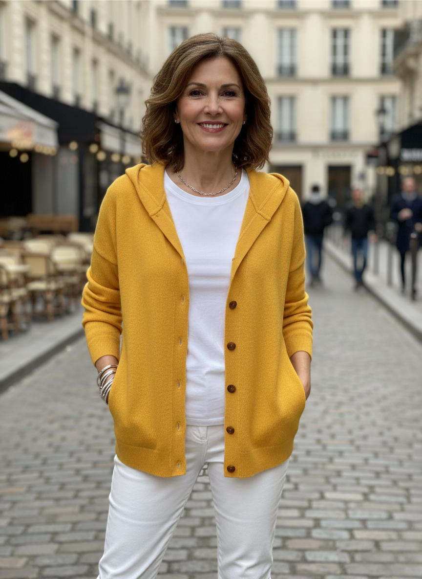 Gilet en maille jaune moutarde à capuche, fermeture boutonnée, manches longues, coupe ample