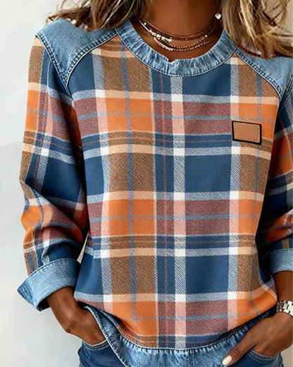 Sweat-shirt molleton à carreaux bleu et orange, col en jean, étiquette brune