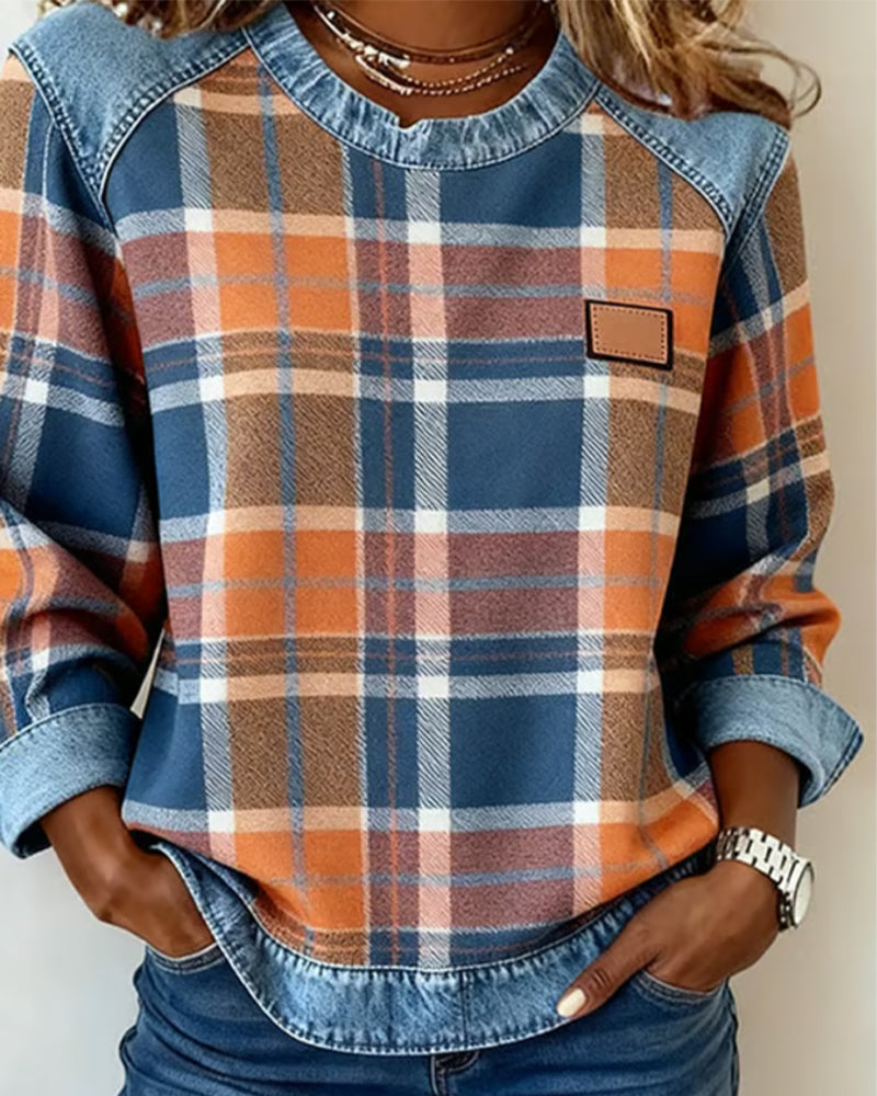 Sweat-shirt à carreaux bleu orange, col en jean, étiquette en cuir sur la poitrine