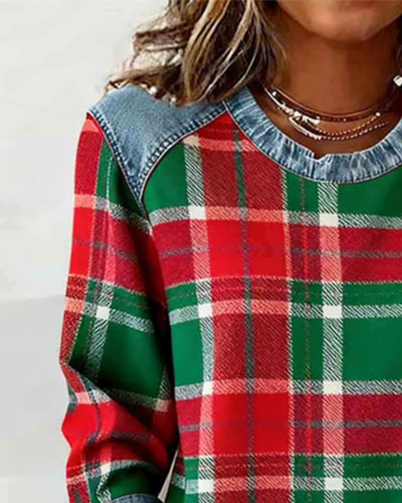 Sweat-shirt à carreaux rouge et vert, empiècement col en jean, étiquette brune