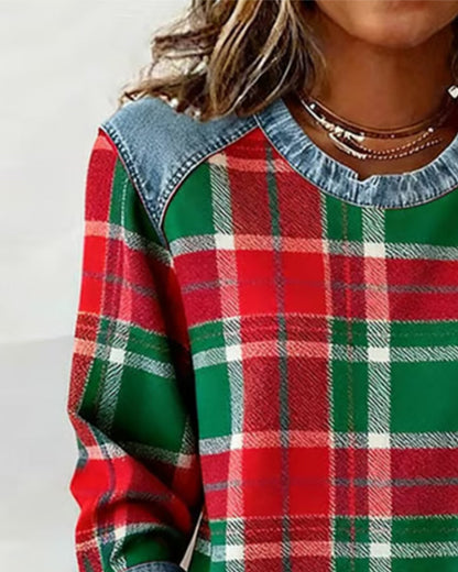 Sweat-shirt à carreaux rouge et vert, empiècement col en jean, étiquette brune