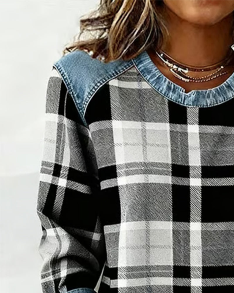 Sweat-shirt à carreaux noir et blanc, col en jean, étiquette brune sur la poitrine