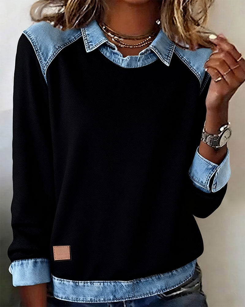 Blouse manches longues noire avec col en denim contrasté et poignets en denim, étiquette marron