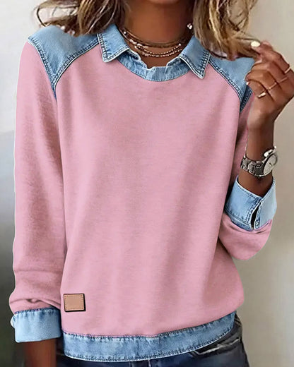 Blouse manches longues rose avec col en denim et empiècements poignets, étiquette marron