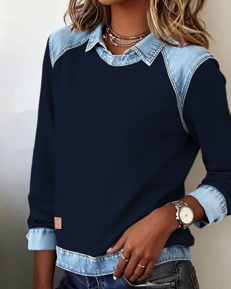 Blouse manches longues bleu marine avec col en denim et poignets en denim, étiquette marron