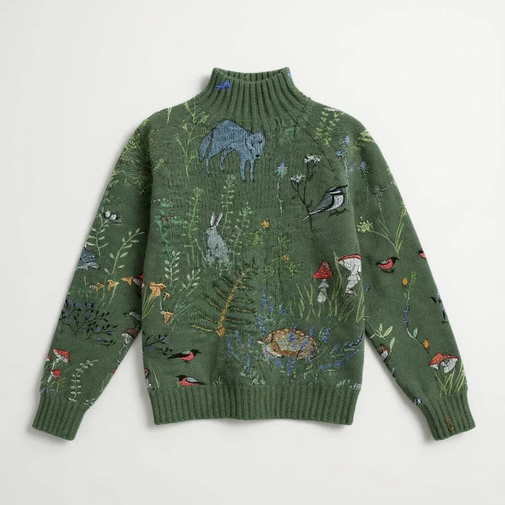 Pull tricoté HANA vert à col montant, motifs animaux et végétation, manches longues.