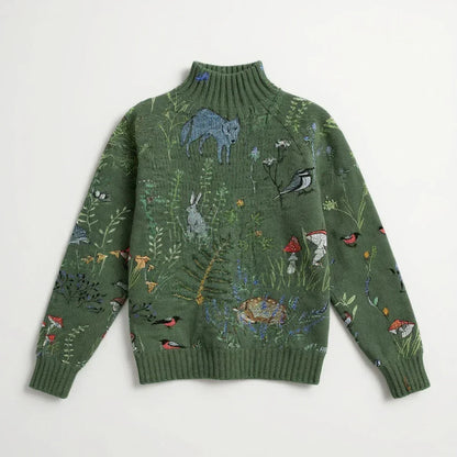Pull tricoté HANA vert à col montant, motifs animaux et végétation, manches longues.
