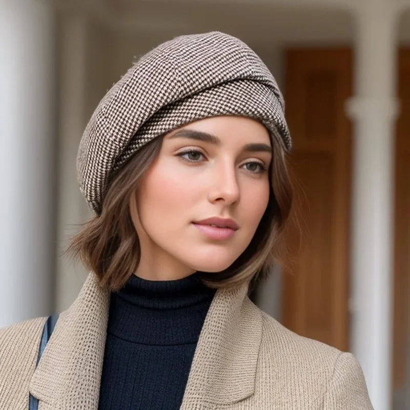 Béret à motif pied-de-poule noir et beige, coupe élégante.