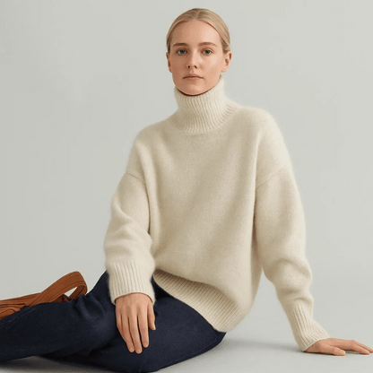 Pull col roulé beige en maille, col haut côtelé, bords côtelés.