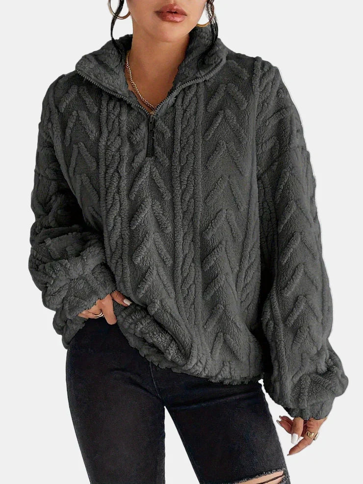 Gilet zippé en maille torsadée gris foncé à col montant et capuche