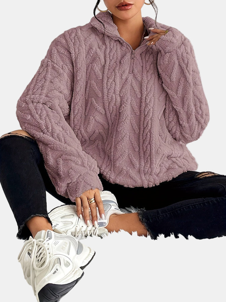 Gilet zippé en maille torsadée violet clair à col montant et capuche