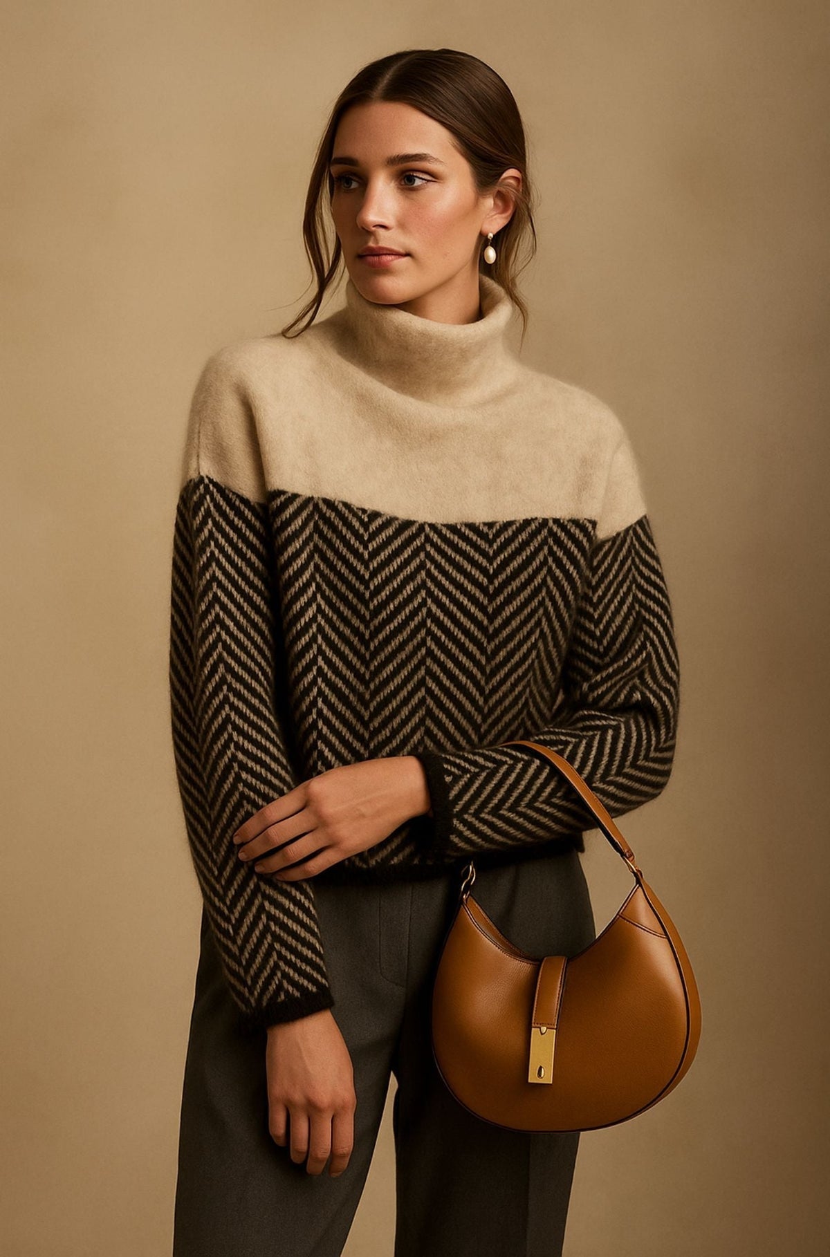 Pull en cachemire à col roulé beige et chevrons noir