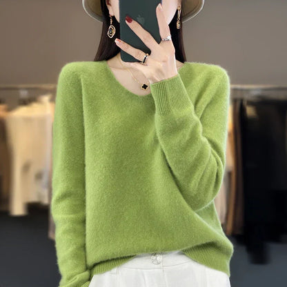 Pull en cachemire élégant vert pomme, encolure ras du cou et manches longues