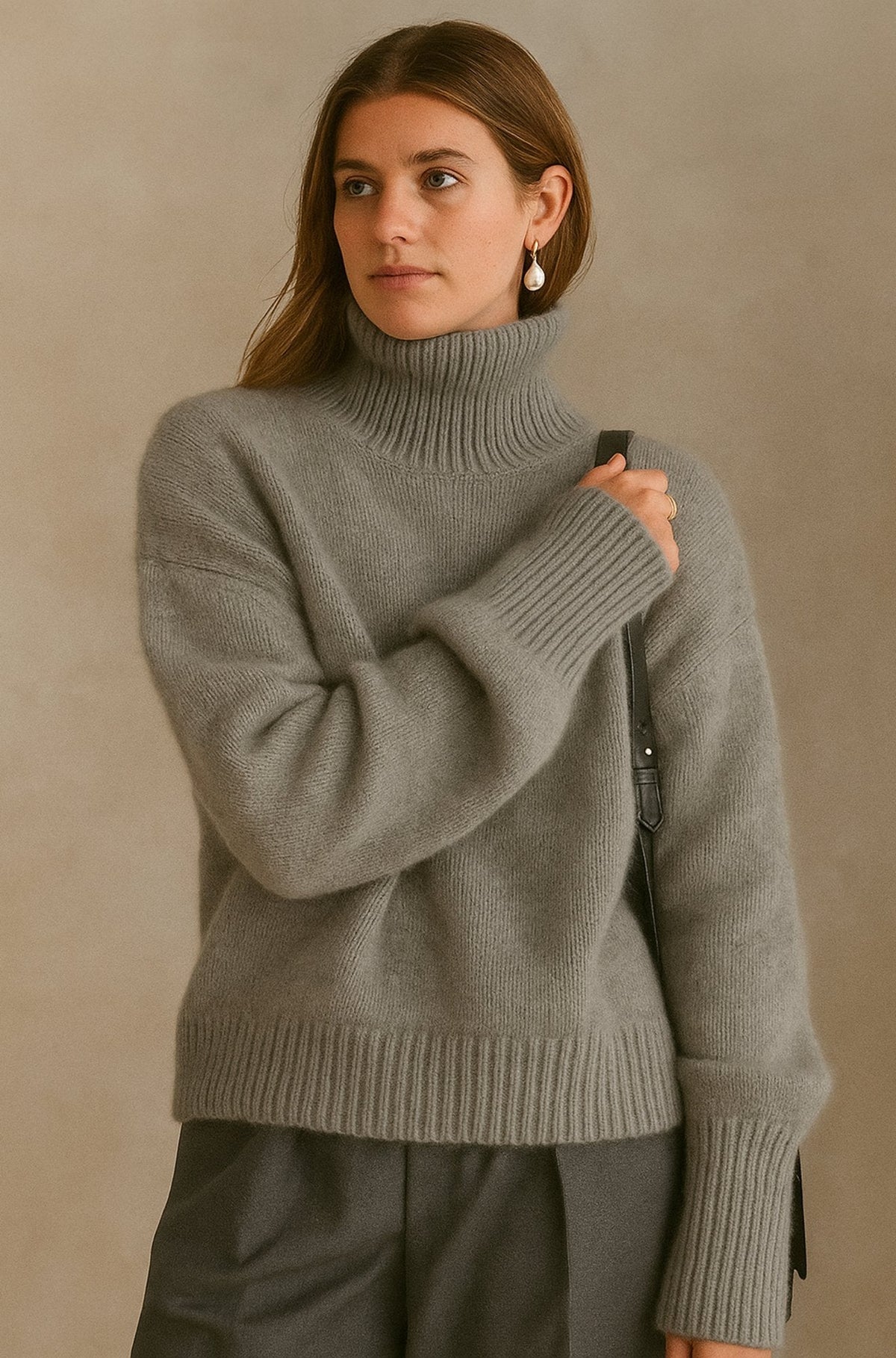 Pull en cachemire gris à col roulé, manches longues côtelées