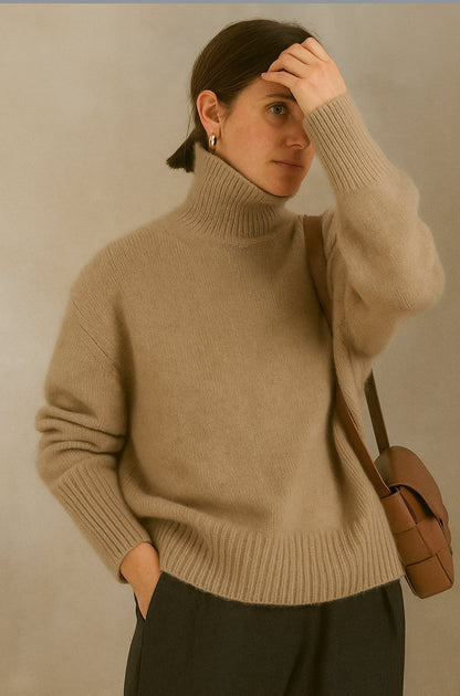 Pull en cachemire beige col roulé côtelé, manches longues