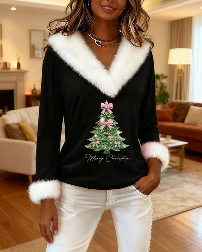 Haut noir avec col en fausse fourrure blanche et motif sapin de Noël rose
