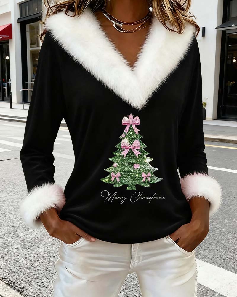 Haut noir manches longues, col en fausse fourrure blanche et sapin Noël rose et vert