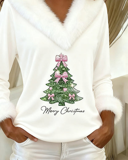 Haut blanc manches longues avec col en fausse fourrure et sapin Noël rose
