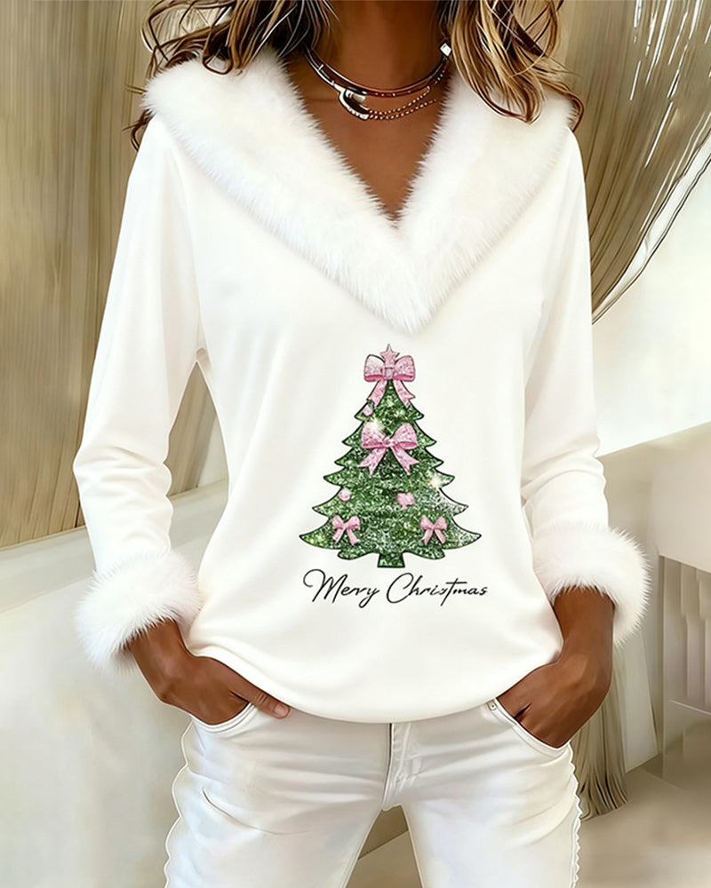 Haut blanc manches longues, col en fausse fourrure blanche et sapin Noël rose