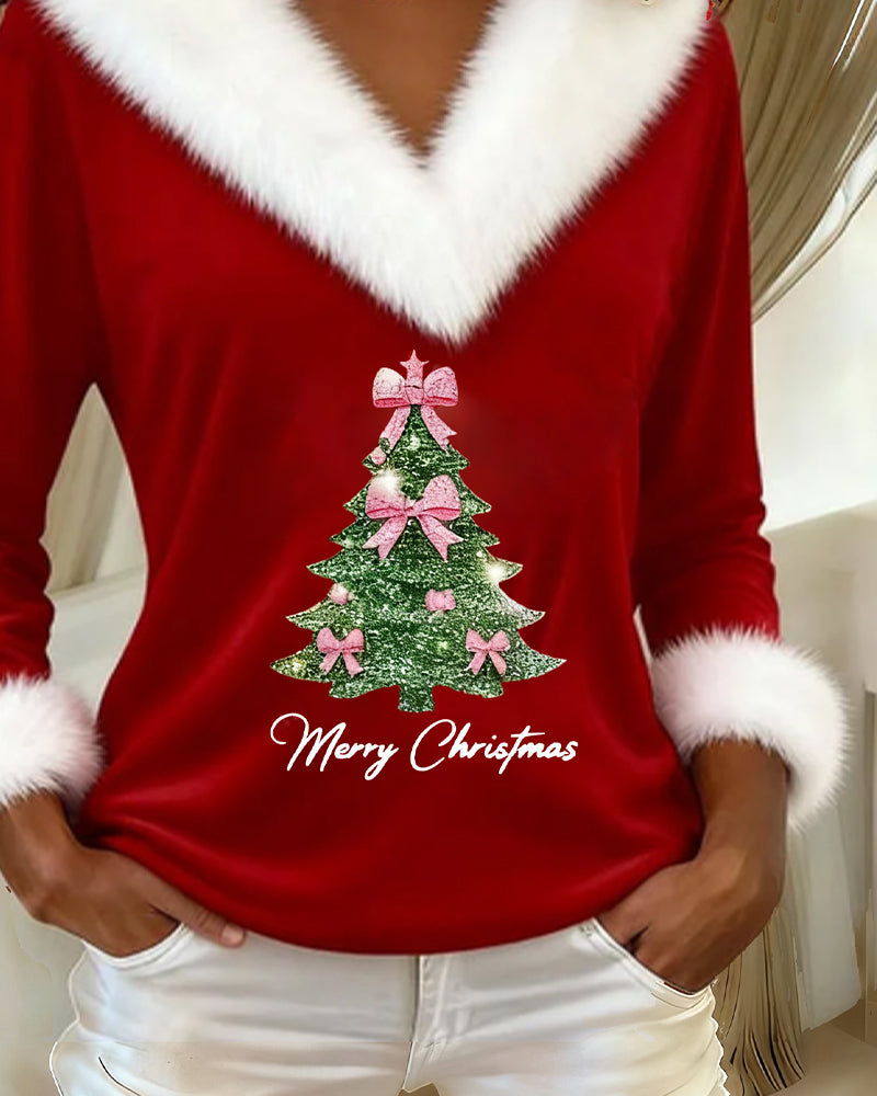 Haut rouge avec col en fausse fourrure blanche, motif sapin de Noël et inscription