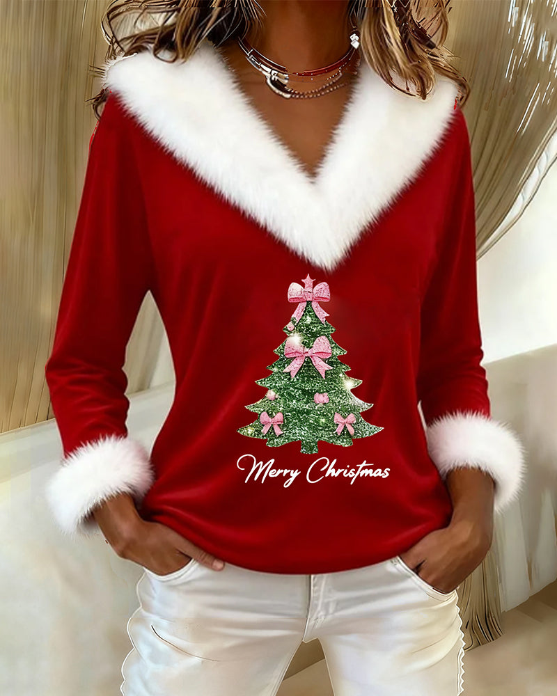 Haut rouge manches longues, col en fausse fourrure blanche et sapin de Noël rose
