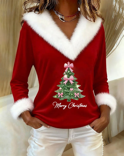 Haut rouge manches longues, col en fausse fourrure blanche et sapin de Noël rose