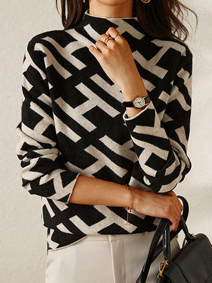 Pull col roulé à manches longues noir et blanc, motif géométrique en zigzags
