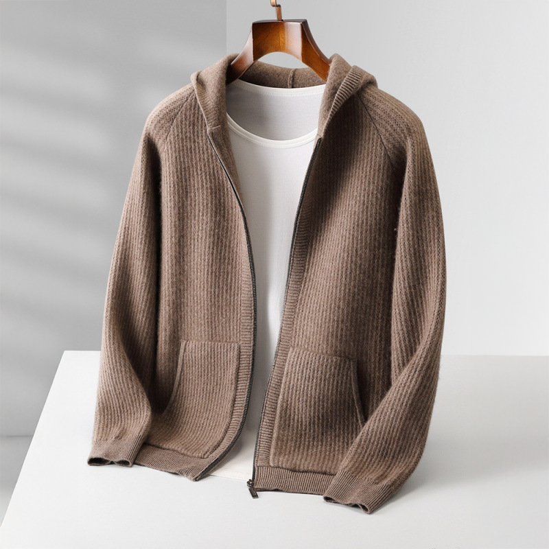 Sweat à capuche en cachemire Sorrento beige, fermeture zippée et capuche côtelée
