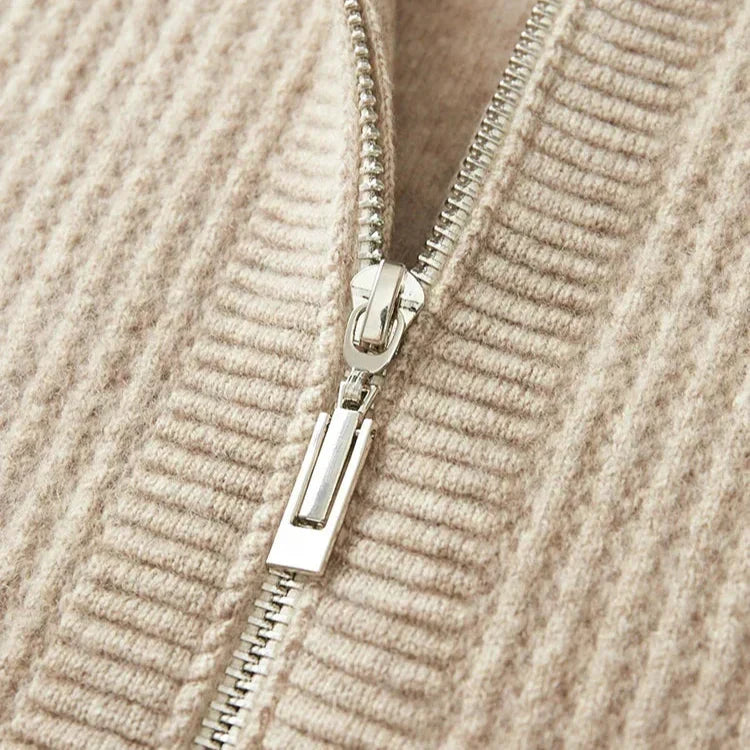 Sweat à capuche en cachemire Sorrento beige, zip métallique et côtes visibles