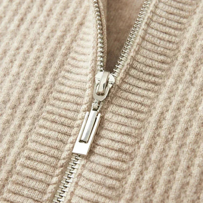 Sweat à capuche en cachemire Sorrento beige, zip métallique et côtes visibles
