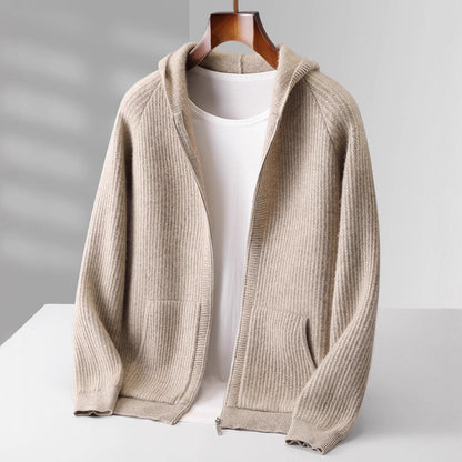 Sweat à capuche en cachemire Sorrento beige, vue de face, poche et zip