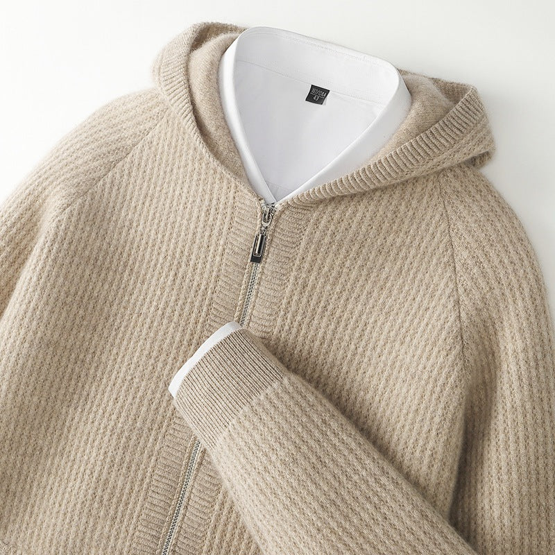 Sweat à capuche en cachemire Sorrento beige clair, capuche et fermeture zippée