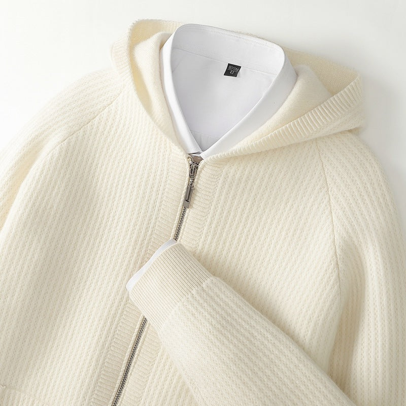 Sweat à capuche en cachemire Sorrento blanc cassé, zip et texture de maille