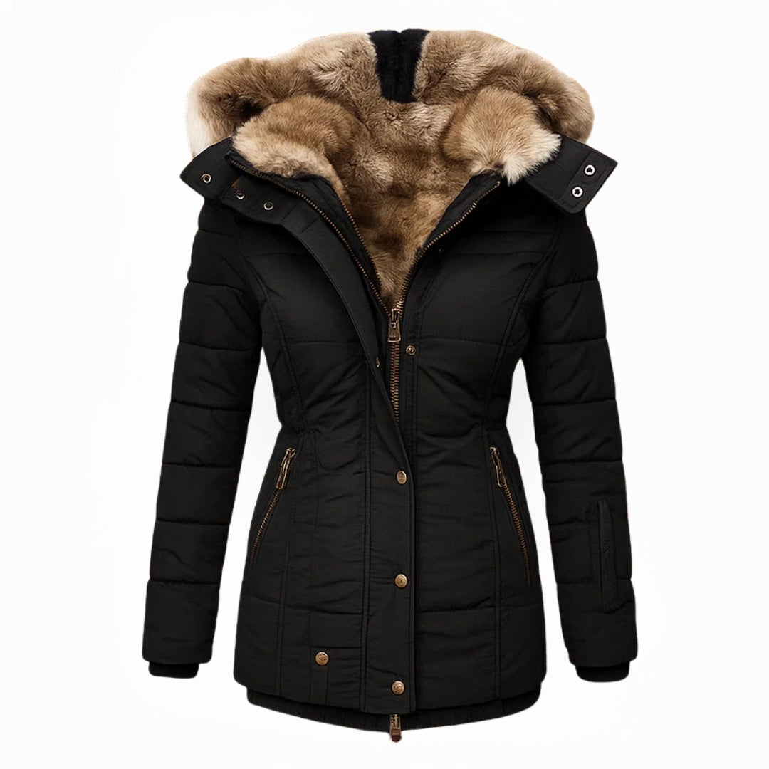 Manteau d’hiver noir avec capuche doublée en fausse fourrure beige et fermeture boutonnée