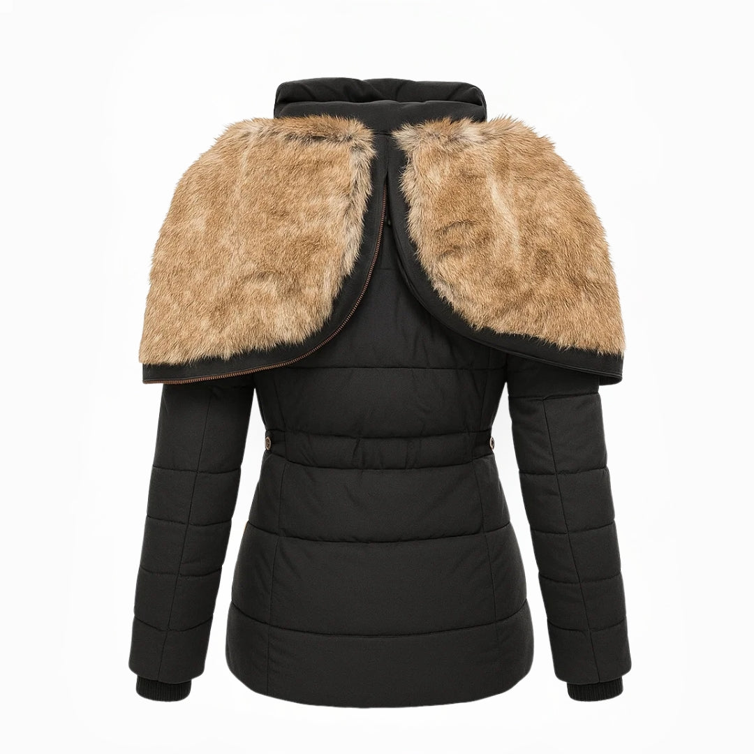 Manteau d’hiver noir avec capuche doublée et empiècement en fausse fourrure beige sur les épaules