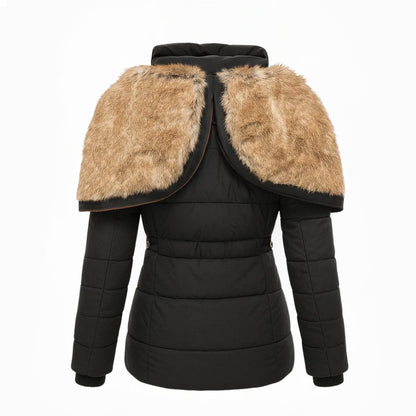 Manteau d’hiver noir avec capuche doublée et empiècement en fausse fourrure beige sur les épaules