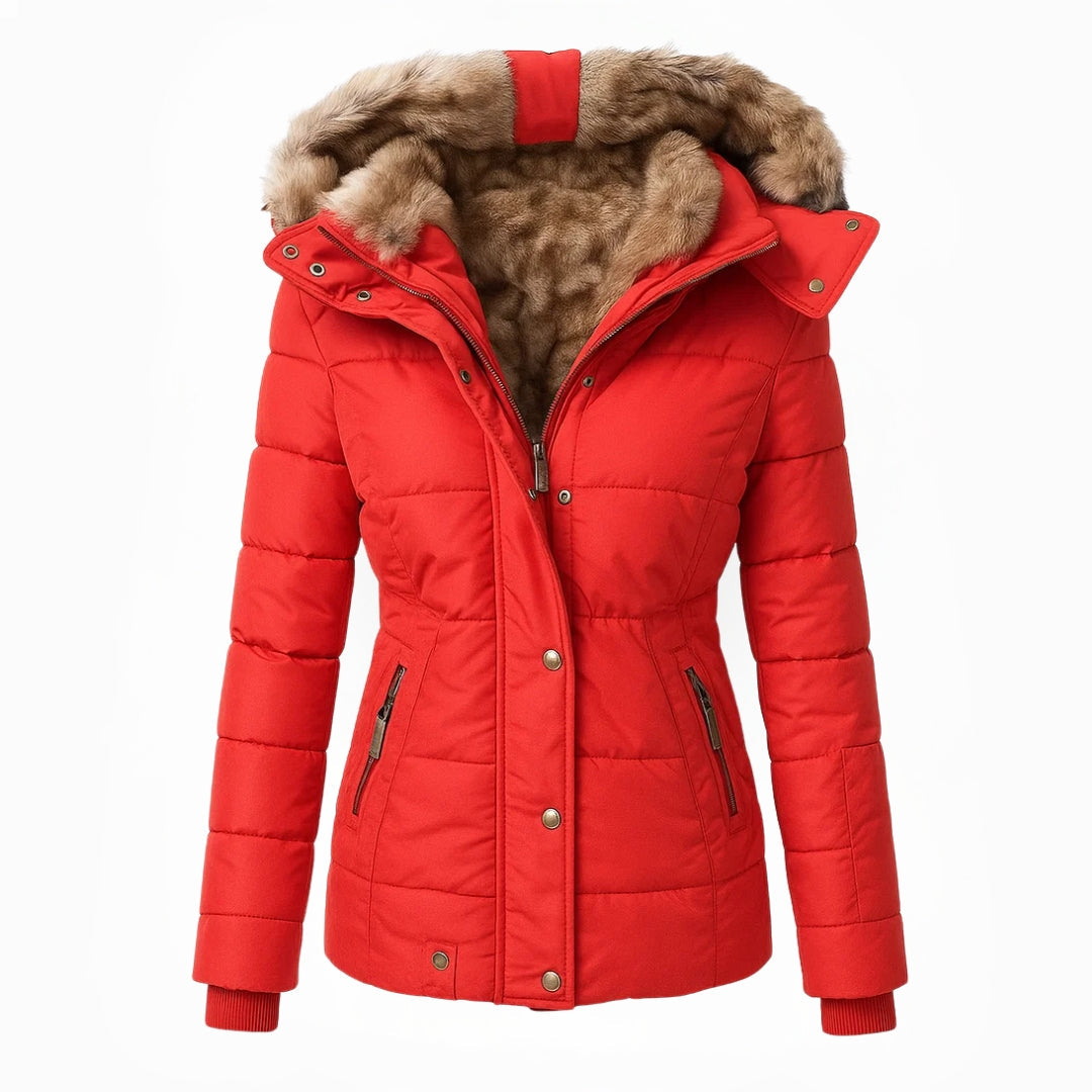 Manteau d’hiver rouge à capuche doublée en fausse fourrure beige, fermeture boutonnée
