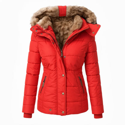 Manteau d’hiver rouge à capuche doublée en fausse fourrure beige, fermeture boutonnée