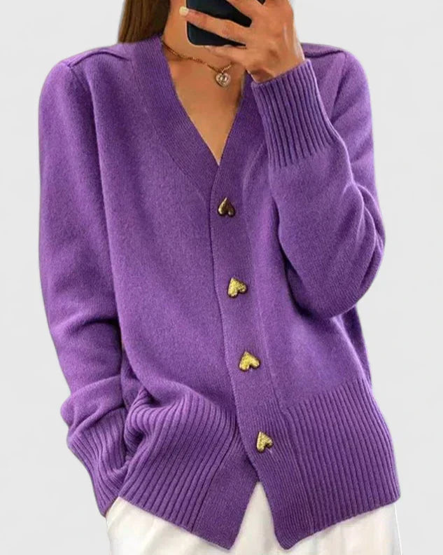 Pull-gilet en maille violet, col V et boutons dorés, manches longues, poignets côtelés