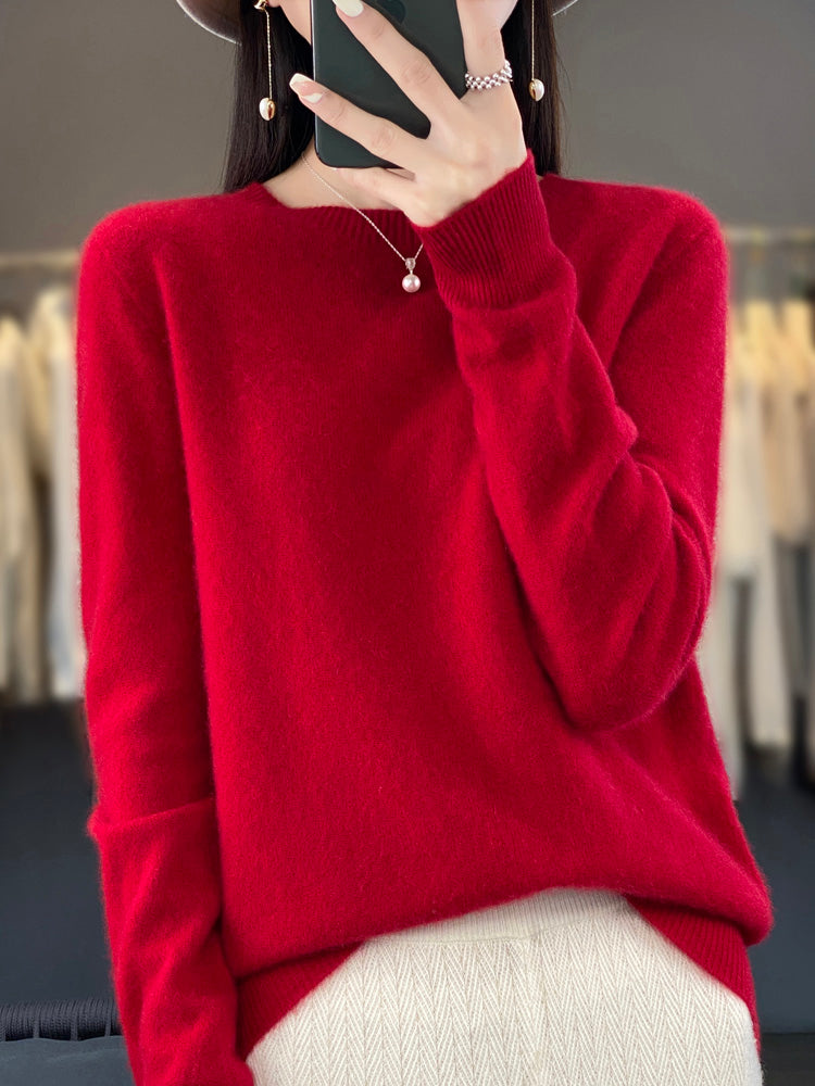 Pull chaud en cachemire rouge, col rond, manches longues, maille côtelée.