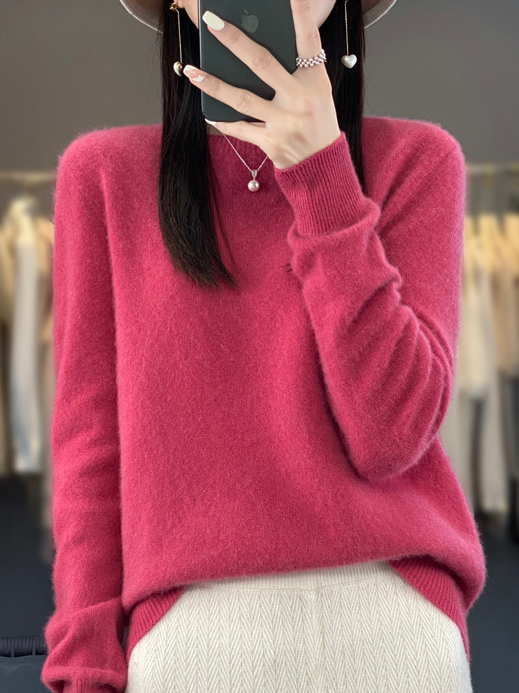 Pull chaud en cachemire framboise, col rond, manches longues, maille côtelée.
