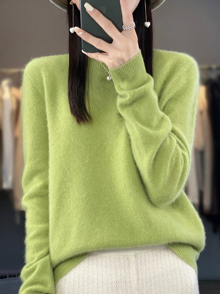 Pull chaud en cachemire vert clair, col rond, manches longues, maille côtelée.