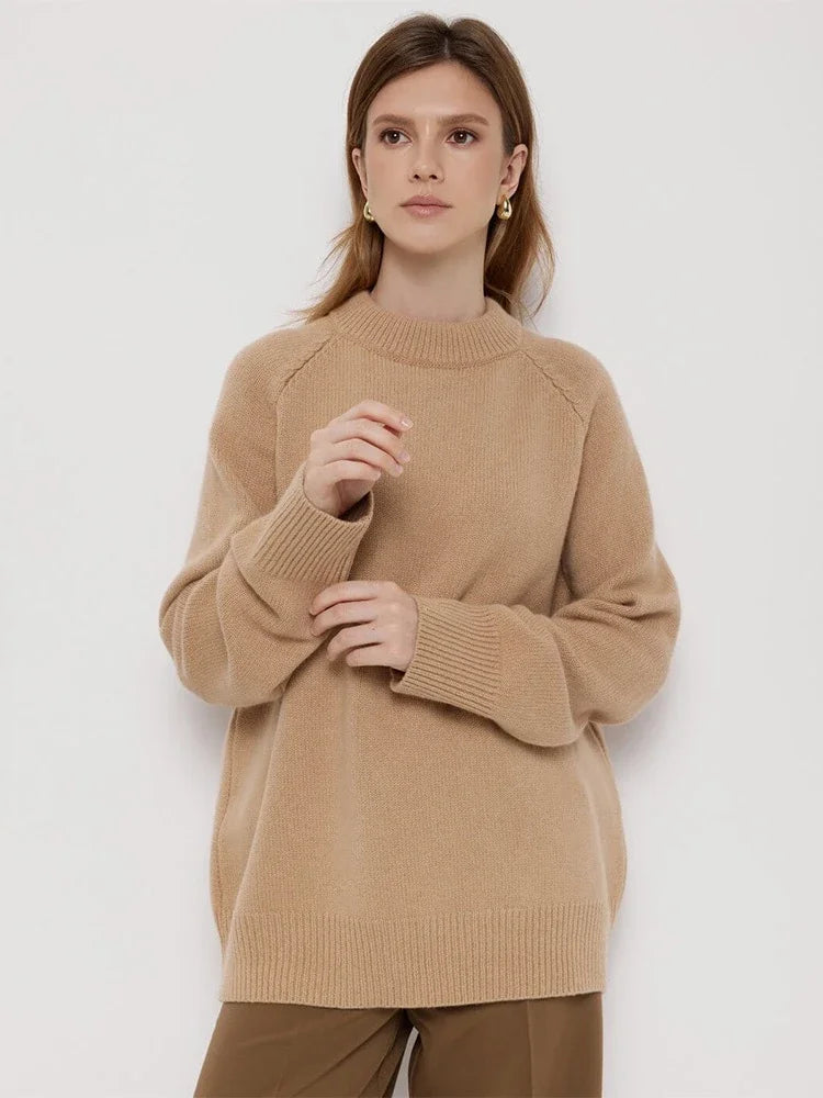 Pull en cachemire camel, col rond côtelé, manches longues, maille douce et épaisse