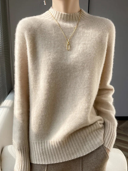 Pull en cachemire beige col rond côtelé, bords de manches et bas côtelés