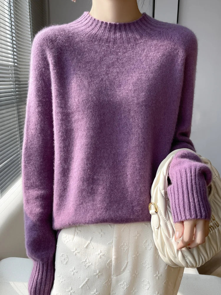 Pull en cachemire violet à col montant côtelé, manches longues