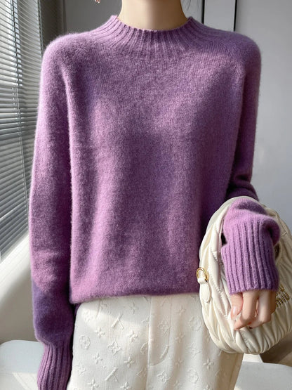 Pull en cachemire violet à col montant côtelé, manches longues